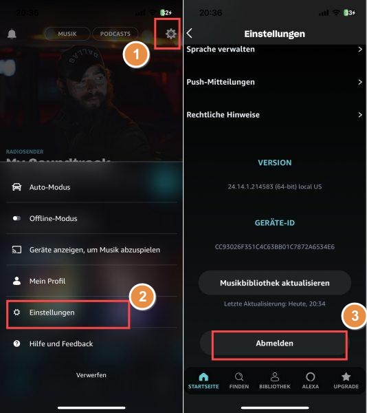 Amazon Music  Konto ab- und wieder anmelden