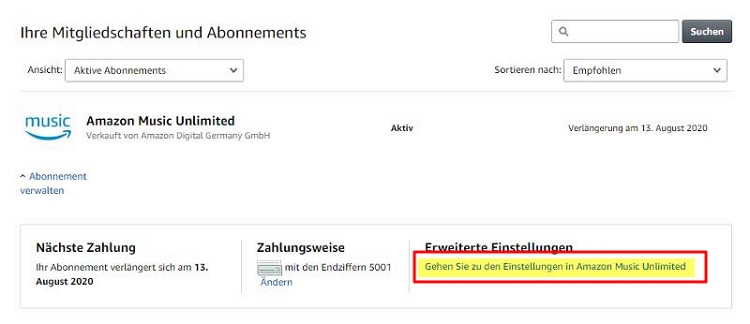 Gehe zu den Einstellungen in Amazon Music Unlimited
