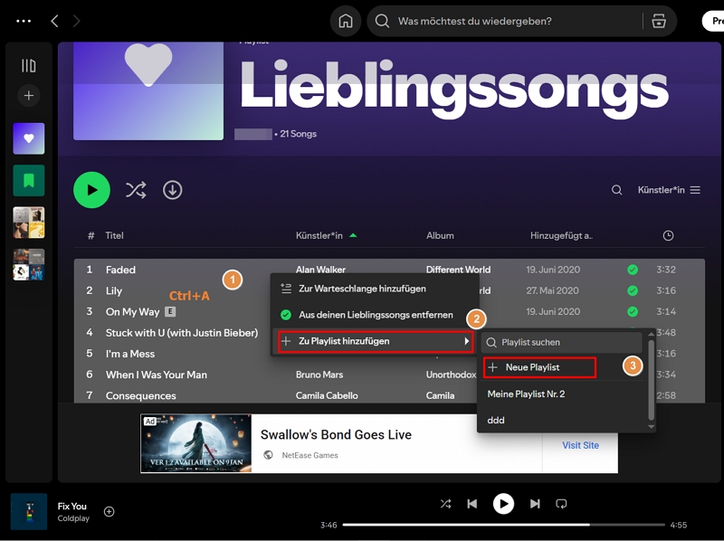 Lieblingssongs in eine normale Playlist übertragen