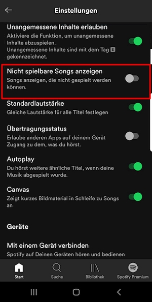 Nicht spielbare Songs ausblenden