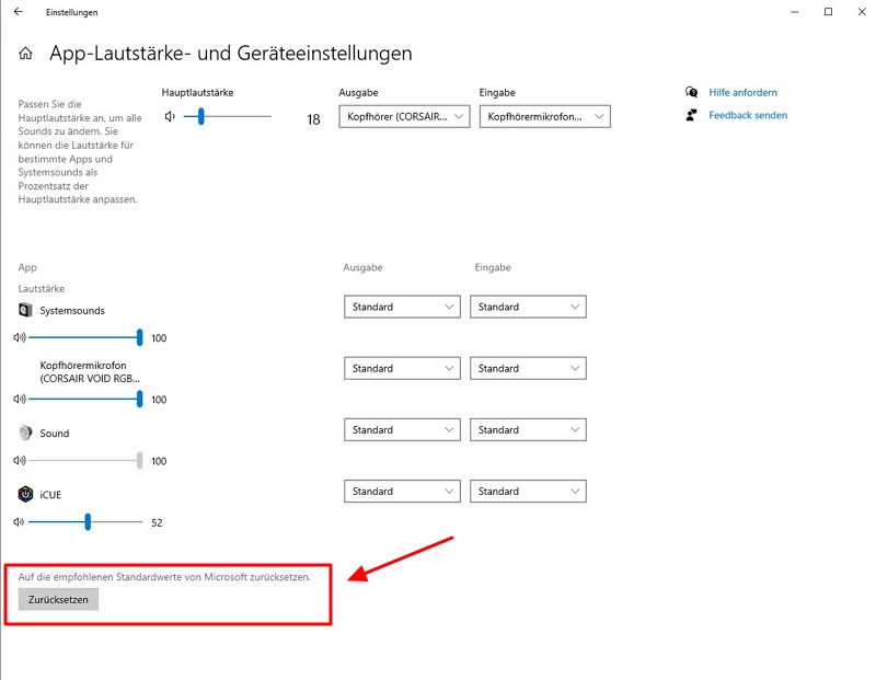 Zurücksetzen der Soundeinstellungen