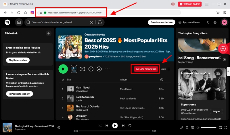 gewünschte Songs hinzufügen StreamFox | Spotify-Wiedergabelisten offline auf Telefon oder Computer herunterladen