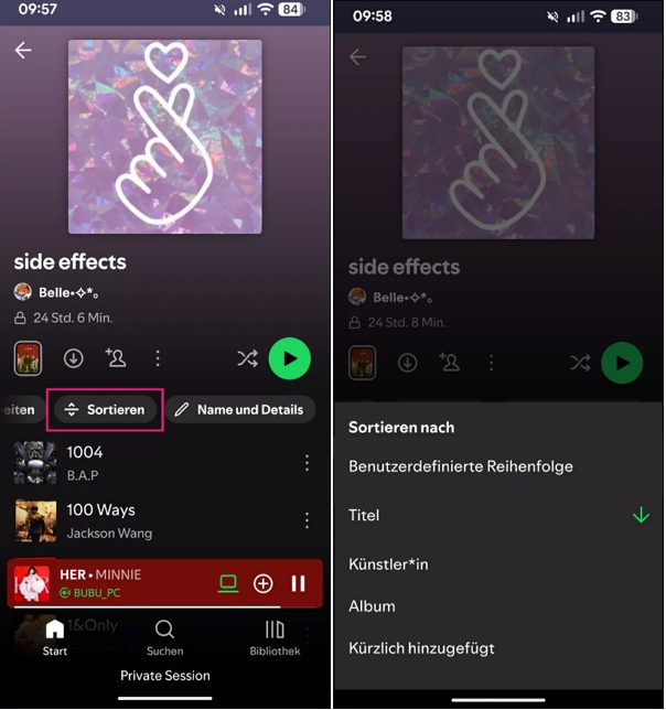 Sortieren nach Album, Künstler, Datum oder Name