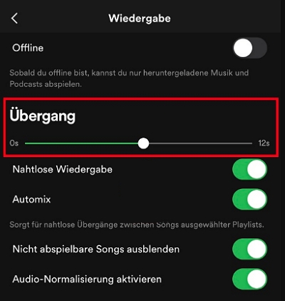 Überblenddauer anpassen | spotify geschwindigkeit ändern