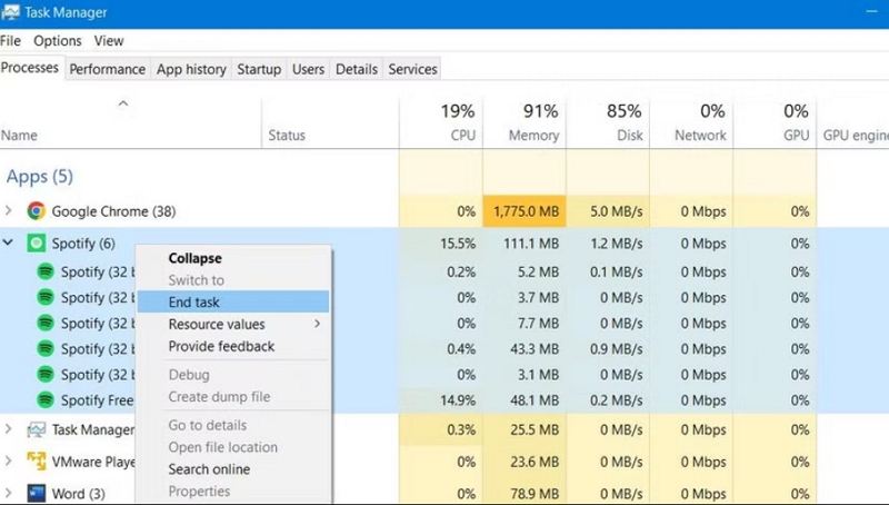 Beenden Sie alle Spotify-bezogenen Prozesse