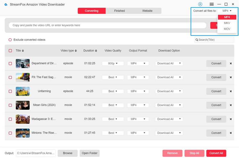 Alle Dateien konvertieren in | Streamfox Amazon Video Downloader – Benutzerhandbuch