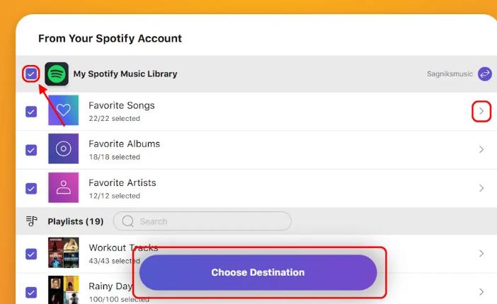 click Choose Destination | spotify playlist übertragen