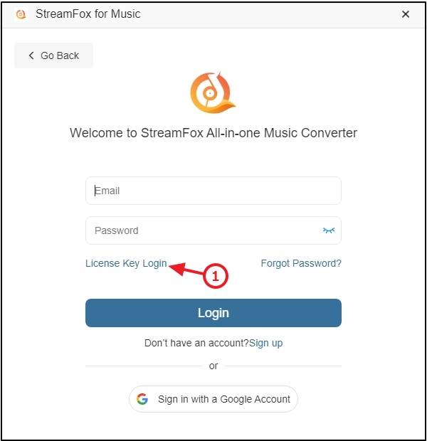 Klicken Sie auf „Mit Lizenz anmelden“ | StreamFox All in One Converter – Benutzerhandbuch