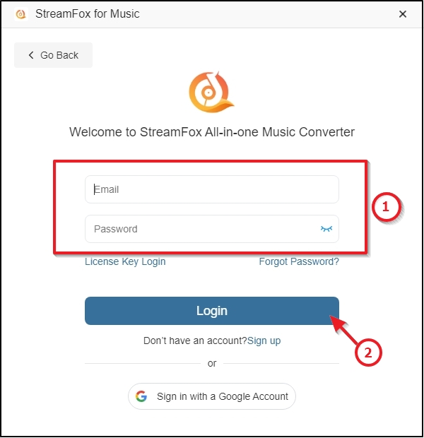 Bei StreamFox für Music mit Passwort anmelden | StreamFox All in One Converter Benutzerhandbuch