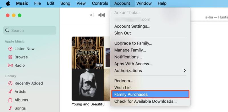 Klicken Sie auf Familienkäufe | Apple Music-Songs auf den MP3-Player herunterladen