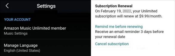 Abonnement verlängern | Alle Downloads von Amazon Music löschen