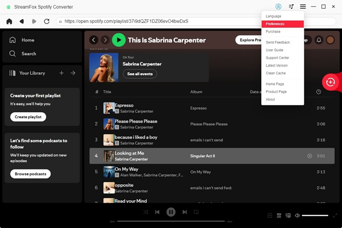 Klicken Sie auf das Hamburger-Symbol | Laden Sie Songs auf Spotify unter Verwendung mobiler Daten herunter