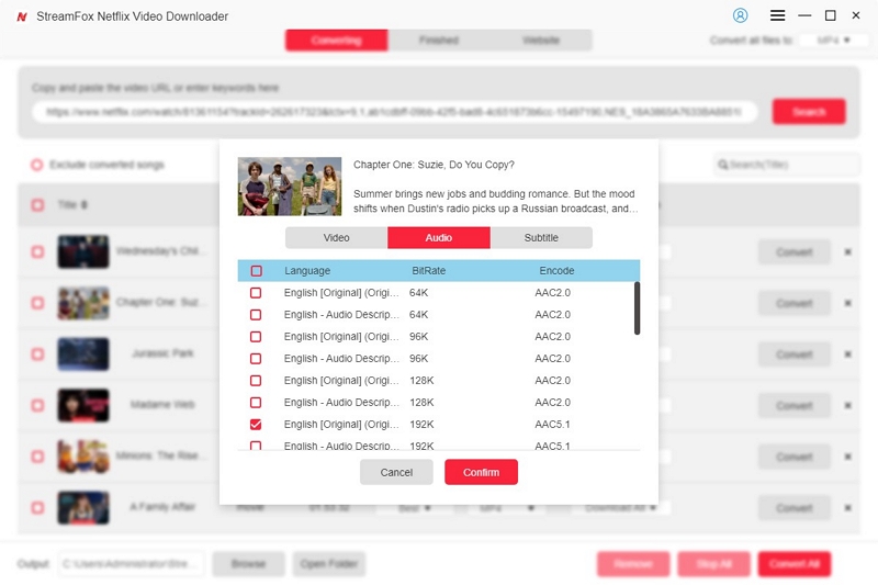 Wechseln Sie zur Registerkarte „Audio“ | Benutzerhandbuch für den StreamFox Netflix Video Downloader